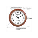 M3DECORİUM Büyük 35 cm Maun Ahşap Renk Isı Sıcaklık Gün Ay Yıl Göstergeli Duvar Saati Ahşap Görünümlü Kaliteli Ön Camlı Sessiz Akar Saniyeli Mekanizma Takvimli Termometreli Salon Ofis Işyeri Dereceli Saati