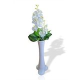 M3decorium En Güzel Hediyelik Uzun Beyaz Kalın Akrilik Vazo Beyaz Orkideçiçek Ve Yeşil Desenli Yapraklar