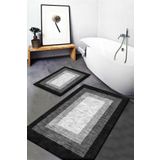 MABEBA TEKSTİL Gri Siyah Beyaz Kutulu Desenli Yıkanabilir Kaymaz Banyo Paspası 2'li Klozet Takımı Halısı 60x90 ve 60x40