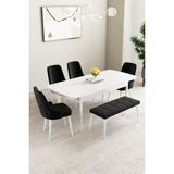 Mabel Beyaz 80X132 Açılabilir Yemek Odası Takımı 4 Sandalye, 1 Bench - Siyah
