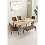 Mabel Meşe Desen 80X132 Açılabilir Yemek Odası Takımı 4 Sandalye, 1 Bench - Kahverengi