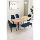 Mabel Meşe Desen 80X132 Açılabilir Yemek Odası Takımı 4 Sandalye, 1 Bench - Lacivert
