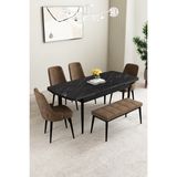 Mabel Siyah Mermer Desen 80X132 Açılabilir Yemek Odası Takımı 4 Sandalye, 1 Bench - Kahverengi