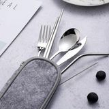 Mabelme 8 Parça Çantalı Yolculuk Çatal Bıçak Kaşık Pipet Chopstick Seti Kamp Okul Ofis Tatil Paslanmaz Çelik Metal - 01P-Pembe
