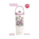 Mabelme Dıller Tumbler 880 ml Tek Kapak Çift Kullanım Pipetli/pipetsiz Taşıma Kulplu Çelik TERMOS-FFD9505-880ML - Bitki Çayı