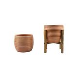 Mabelme Ev Dekorasyon Yan Çizgi Desenli Terrakota Toprak Saksı Saksılık Salon Çiçeklik Ikili Set Ayaksız - 4 Ayaklı- 15 cm