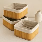 Mabelme Store 3'lü Kare Organizer Sepet Seti - Bambu Kenarlı Ahşap Taban Bez Astarlı (17X17 / 21X21 / 26X26 Cm)