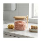 Mabelme Store 600 ml Bambu Kapaklı ve Kaşıklı Kare Cam Kavanoz, Vakumlu Ahşap Kapaklı Baharatlık, Kendinden Kaşık Yuvalı Şeker, Kahve ve Banyo Tuzu Saklama Kabı - 0 Siyah - Option-1