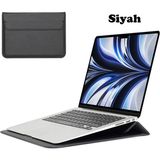Macbook Pro Air 13 M1-M2 2020/2022 A2179-A2337-A2338-A2251-A2159-A1989-A1708 Deri Mıknatıslı Stantlı Çanta - Siyah