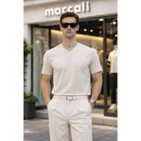 Maccali Erkek Yazlık Trend Pamuklu Basic V Yaka Bej Tişört