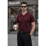Maccali Erkek Yazlık Trend Pamuklu Basic V Yaka Bordo Tişört
