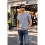 Maccali Erkek Yazlık Trend Pamuklu Basic V Yaka Gri Tişört