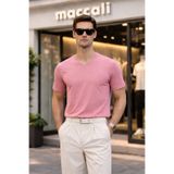 Maccali Erkek Yazlık Trend Pamuklu Basic V Yaka Pembe Tişört