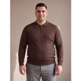 Maccali Kahve Erkek Büyük Beden Düz Fermuarlı Polo Yaka Triko Kazak