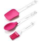 Macgon 3 Lü Plastik Saplı Silikon Kaşık - Spatula - Fırça Seti Fuşya