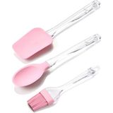 Macgon 3 Lü Plastik Saplı Silikon Kaşık - Spatula - Fırça Seti Pembe