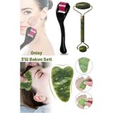 Macgon 3lü Masaj Seti Dermaroller 0.5mm| Yeşil Yeşim Taşı|gua Sha Cilt Bakım Masaj