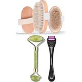 Macgon 3'lü Set At Kılı Selülit Fırçası + Dermaroller Titanyum 0.5 mm +Yeşim Taşı Masaj Aleti