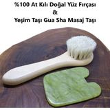 Macgon At Kılı Yüz Fırçası ve Yeşim Taşı Gua Sha Masaj Taşı Ikili Set Doğal Ürünler