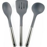 Macgon Metal Gri Silikon Kepçe Kaşık Spatula 3 Parça Servis Seti
