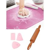 Macgon Ölçekli 65*45 cm Silikon Hamur Açma Matı & Ahşap Cilalı Merdane & 3'lü Pasta Dekorasyon Seti