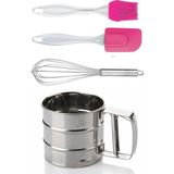 Macgon Un Eleği Basmalı Şeker Pudra Elek + Çelik Yumurta Çırpıcısı + Yumurta Fırçası + Silikon Spatula