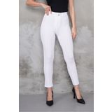macharel jeans Kadın Beyaz Yüksek Bel Toparlayıcı Dar Paça Tokalı Kumaş Pantolon