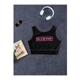 Machetta Blackpink Baskılı Siyah Renk Kız Çocuk Kalın Askılı Crop Bluz