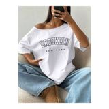 Machetta Büyük Beden Kayık Yaka Brooklyn Baskılı Oversize %100 Pamuk T-shirt