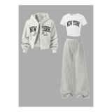 Machetta Çocuk Yeni New York Baskılı 3'lü Ceket Crop T-shirt Ve Eşofman Set Takım
