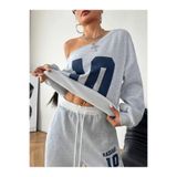 Machetta Kadın Gri 10 Baskılı Kayık Yaka Sweatshirt Beyaz Bel Detaylı Eşofman Altı İkili Alt Üst Takım
