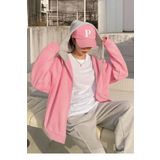 Machetta Pembe Kapüşon Gri Baskısız 3 iplik Oversize Polar Ceket - Hırka