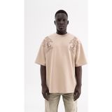 Machinist Erkek Etnik Desen Nakışlı Double Face Oversize Tişört Açık Bej - Soft Beige