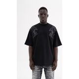 Machinist Erkek Etnik Desen Nakışlı Double Face Oversize Tişört Siyah - Dark Black