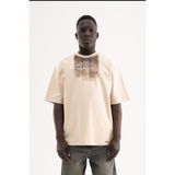 Machinist Erkek Fırça Efektli ve Nakışlı Interlok Oversize Tişört Açık Bej - Soft Beige - XL