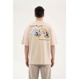 Machinist Erkek Nakışlı Interlok Oversize Tişört Açık Bej - Soft Beige - XL