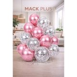 MACK PLUS 5’li 12 inç Krom Metalik Pembe ve Şeffaf Balon Seti – İçi Gümüş Pullu, Şık Parti Balonları