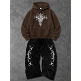 Macklin Unisex Kadın Erkek Punch Baskılı Oversize 3 Iplik Kapüşonlu Sweatshirt ve Baggy Eşofman Altı - Kahverengi - Siyah - XL