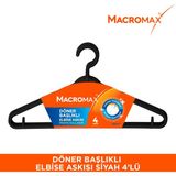 Macromax Döner Başlıklı Elbise Askısı 4'lü Paket , Çok Amaçlı Askı İpi ve Etek Asma Aparatlı - Siyah