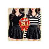 MADALİNA Kadın V Yaka Uzun Kollu Kaşkorse Bluz 2'li Paket – Siyah & Siyah Beyaz Çizgili