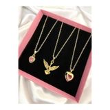 Madam Bikan Gold Renk 3 Lü Anka Kuşu Pembe Kalp Kombin Set Kolye
