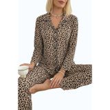 Madame Clara Önden Düğmeli Süet Leopar Desenli Uzun Kollu Kadın Pijama Takımı