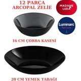 Madame Luda Arcopal Zelie Siyah Yemek Tabağı & Çorba Kasesi.12 Parça 6 Kişilik Yemek Takımı.
