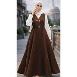 Madame Melek Kadın Tesettür Gömlekli Ikili Takım Uzun Elbise ve Gömlek Kombin - Kahverengi - XL