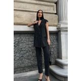 MADAME MELEK Siyah Renk Premium Boy Fit Kadın Pantolon Kolsuz Ceket Yelek Takımı Atlas Kumaş