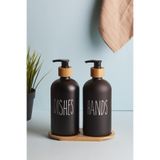 MadaMelya 2’li Siyah Mutfak Sıvı Sabunluk Seti 500ml 500ml Bambu Tepsili