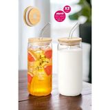 madamev 2li Bambu Kapaklı Pipetli Isıya Dayanıklı Cam Bardak 550 ml Kola Kutu Şekilli Kahve Sunum Bardağı - Şeffaf - 4 Adet