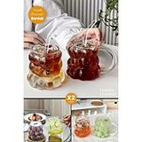 Madamev 2li Boncuklu Pipetli Cam Bardak Üzüm Tanesi 350 ml. Kulplu Kulpsuz Meşrubat Su Kahve Sunum Bardağı