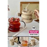 madamev 2li Üç Büklüm Dev Şeritli Kulplu Cam Bardak Pipetli Meşrubat Kahve Sunum Kokteyl Bardağı 400ML Seti