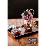 madamev 4lü Çift Cidarlı Çiçekli Kulplu Borosilikat Cam Bardak Flower Kahve Sunum Meşrubat Bardağı 250ML - Şeffaf - 4 Adet
